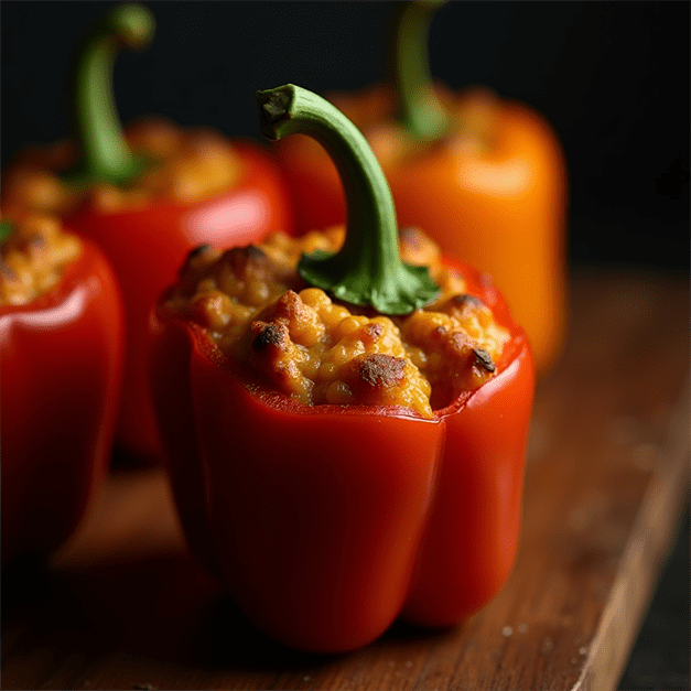 00107-1628041297-18 __Stuffed bell peppers___ close-up dramatic overhead light deep shadows film grain style dynamic lighting cinematic came - My Wellness Option