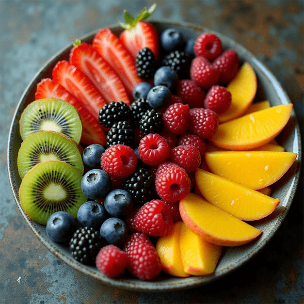 00111-2960902596-22 __Fruit platter with berries kiwi and mango___ birds eye view vibrant styling natural daylight colorful ceramic plate - My Wellness Option gut health facts